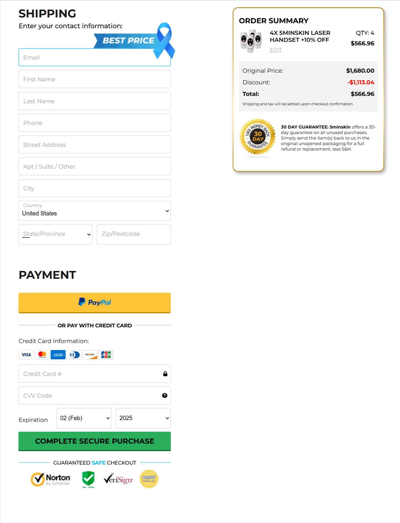 5minskin checkout page